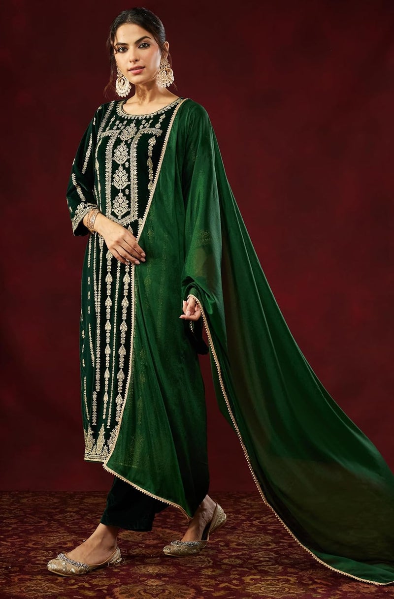 Janasya Women's Bottle Green Velvet Embellished Gold Printed Straight Kurta Set - Image 5